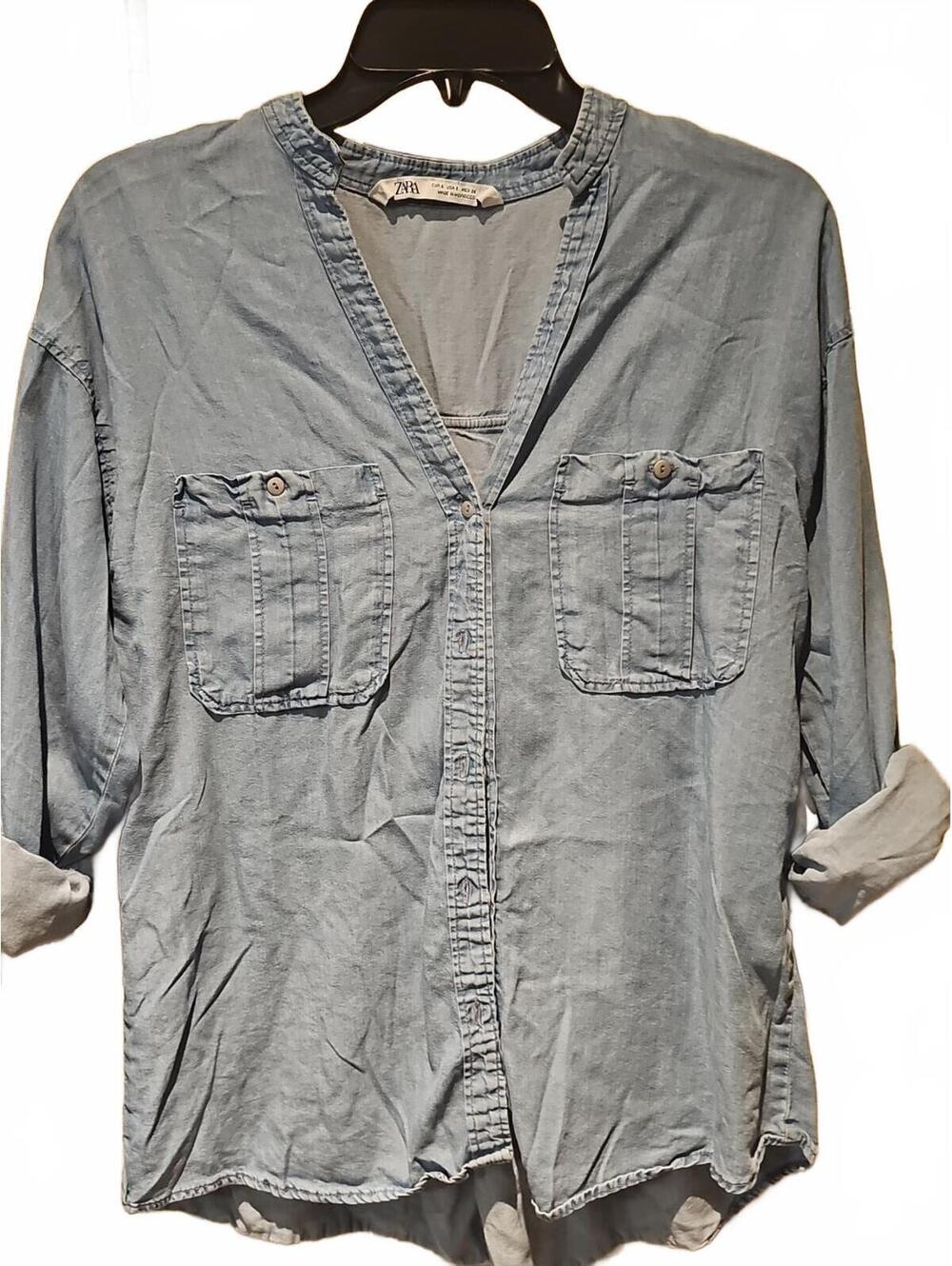 Zara Chambray Shirt Small Blue Denim Button Long Sleeve Western 100% Lyocell
